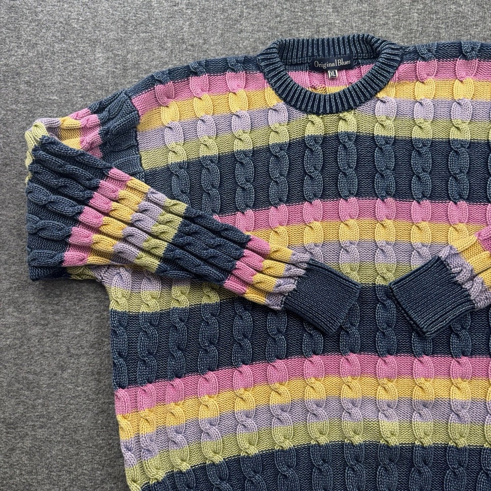 Crewneck Sweater Chunky Knit Striped‎ Pullover Men's Sz XL Easter Original Blues